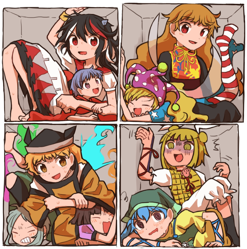 6+girls, american_flag_legwear, american_flag_shirt, apron, arm_ribbon, arm_up, bangs, barefoot
