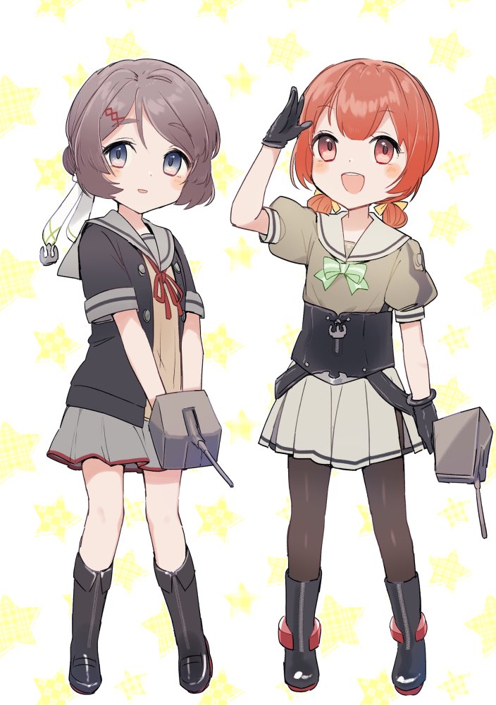 2girls, adapted_turret, anchor, black_footwear, black_gloves, black_jacket, black_legwear, boots, brown_eyes, brown_hair, cannon, commentary_request, corset, cosplay, double_bun, full_body, gloves, grey_eyes, grey_hair, grey_sailor_collar, grey_skirt, hair_rings, jacket, kaiboukan_no._30_(kancolle), kaiboukan_no._4_(kancolle), kantai_collection, knee_boots, long_hair, looking_at_viewer, low_twintails, matsu_(kancolle), matsu_(kancolle)_(cosplay), multiple_girls, neck_ribbon, pantyhose, pleated_skirt, red_ribbon, remodel_(kantai_collection), ribbon, sailor_collar, sailor_shirt, school_uniform, serafuku, shirt, short_hair, short_sleeves, skirt, smile, standing, starry_background, turret, twintails, yamashichi_(mtseven), yura_(kancolle), yura_(kancolle)_(cosplay), zipper_pull_tab