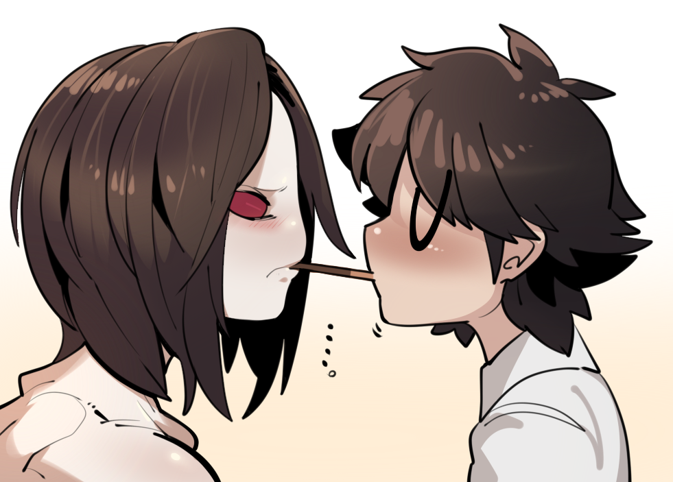 1boy, 1girl, blush, brown_hair, facing_another, fate/grand_order, fate_(series), food, fujimaru_ritsuka_(male), lamia_(fate), no_pupils, pocky_day, red_eyes, shirt, short_hair, sido_(slipknot), u_u, upper_body, white_shirt