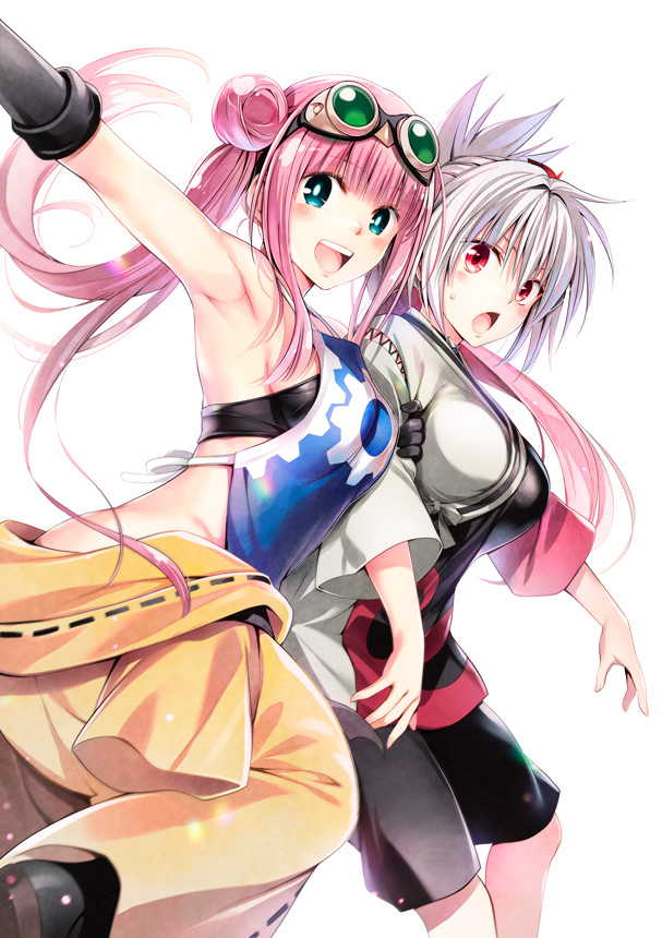 2girls, apron, arm_up, armpits, ayakashi_triangle, bangs, black_bra, black_gloves