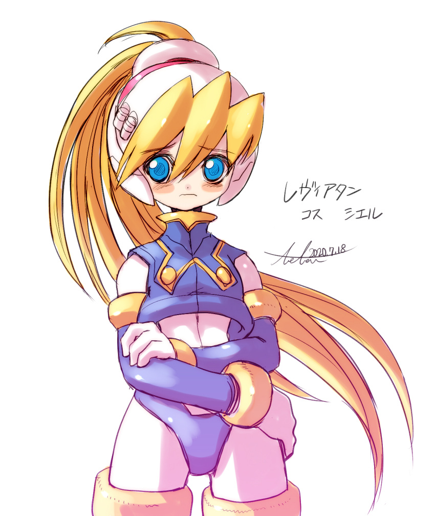 1girl, bangs, blonde_hair, blue_eyes, blush, ciel_(mega_man), cosplay, dated