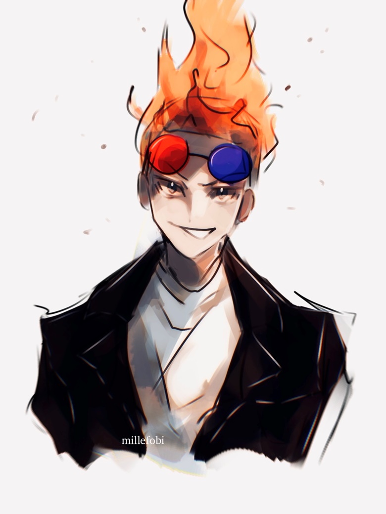 >:), 1boy, artist_name, bald, black_jacket, brown_eyes, close-up, cutout_above_navel