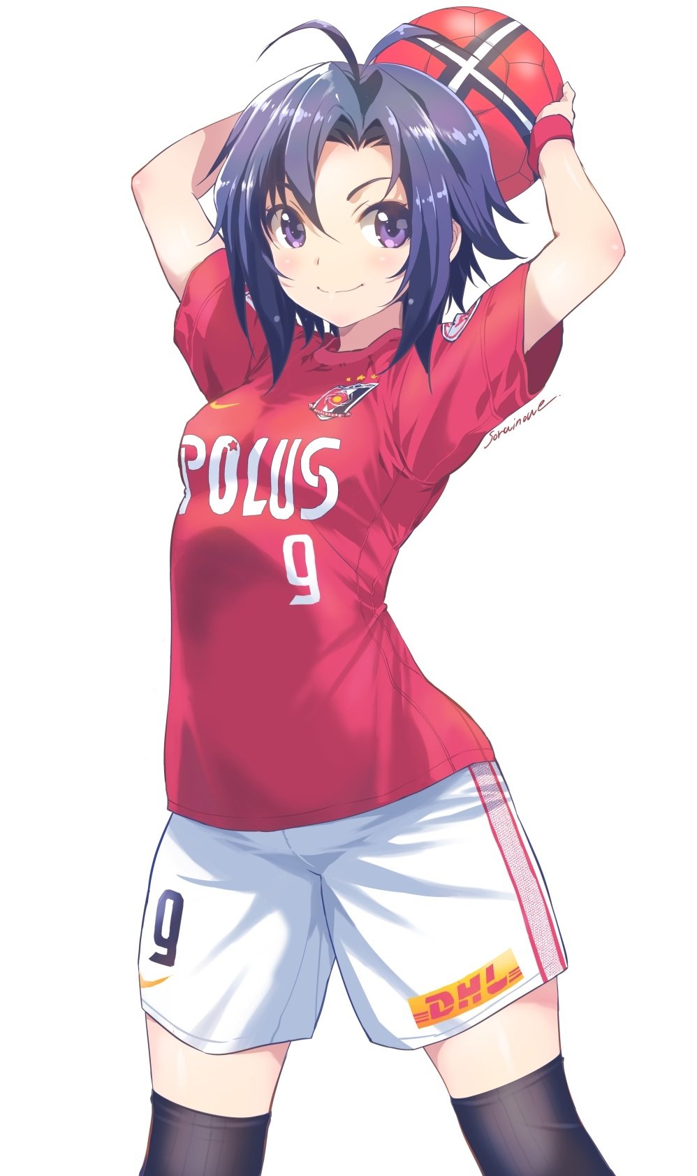 1girl, antenna_hair, arms_up, ball, black_hair, blush, highres, idolmaster