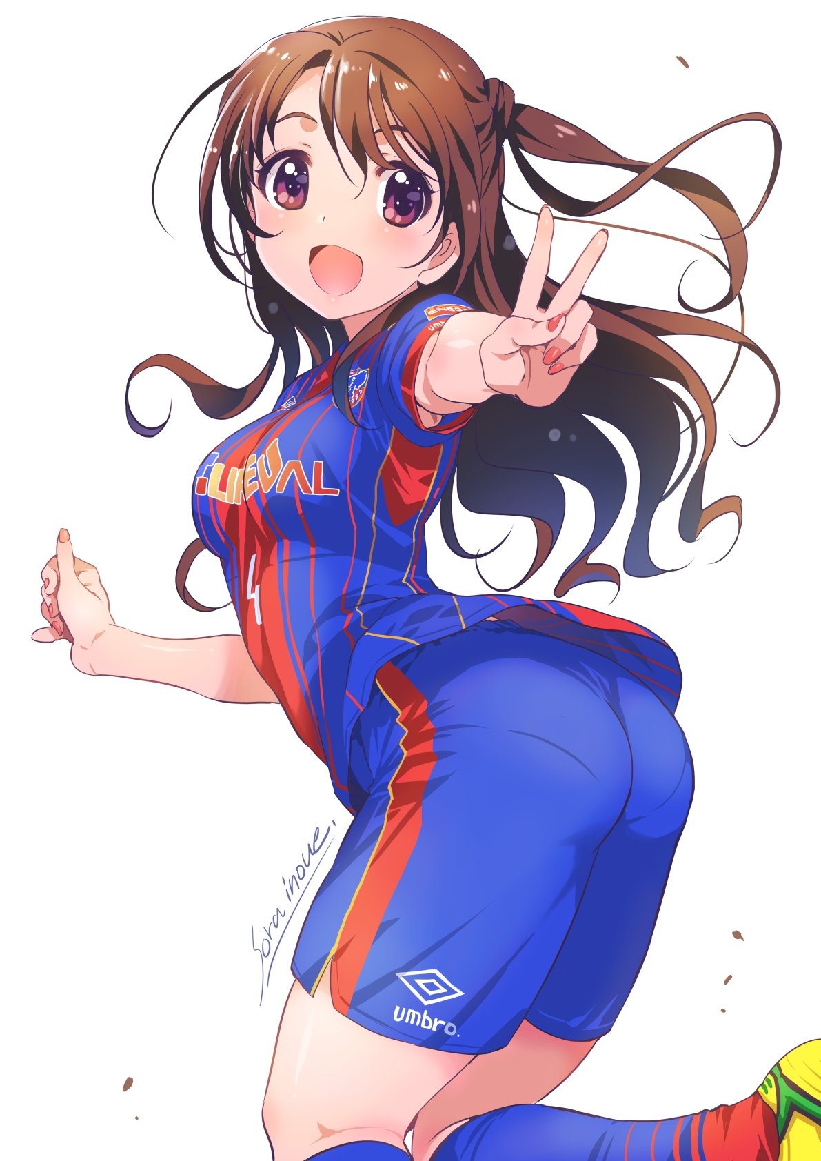 1girl, armpit_peek, artist_name, ass, brown_eyes, brown_hair, fc_tokyo, fingernails