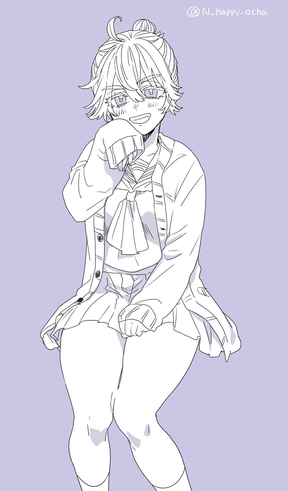 1girl, akashi_senju, bangs, black_coat, black_eyes, black_skirt, blouse, brown_hair, closed_mouth, coat, cowboy_shot, crossed_legs, eyebrows_visible_through_hair, hair_between_eyes, highres, long_sleeves, looking_at_viewer, miniskirt, mouth_hold, n_happy_ocha, nachiya, neckerchief, pleated_skirt, sailor_collar, school_uniform, serafuku, short_hair, simple_background, sitting, skirt, solo, tokyo_revengers, white_background, white_blouse