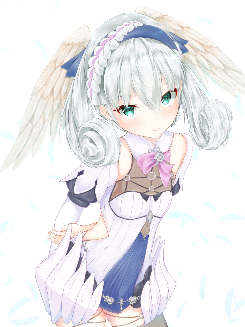 1girl, braid, breasts, cowboy_shot, crown_braid, green_eyes, head_wings, highres