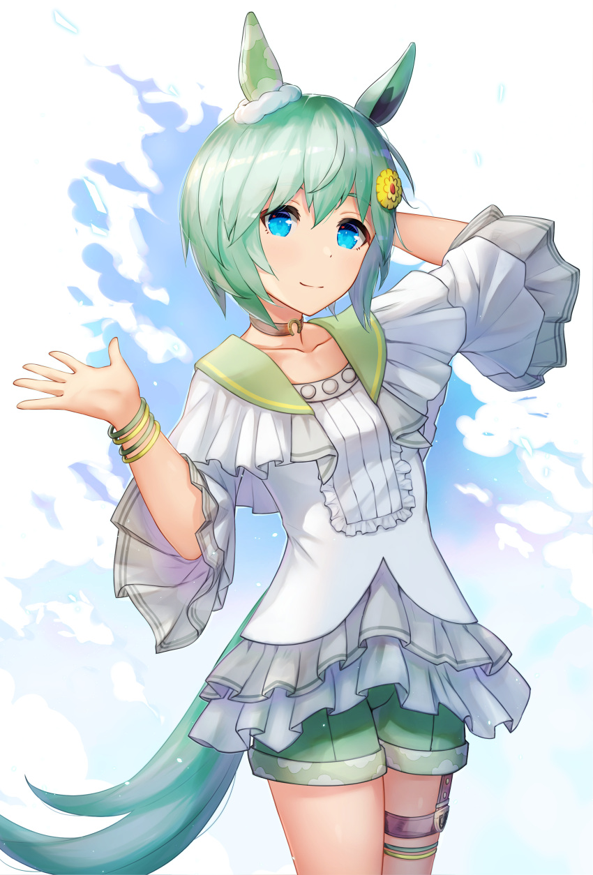 1girl, absurdres, animal_ears, blue_eyes, bracelet, choker, flower, green_shorts