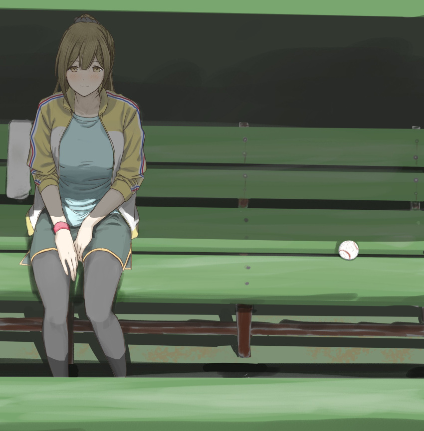 1girl, baseball, blush, breasts, dolphin_shorts, dugout, eyebrows_visible_through_hair, hair_between_eyes, hair_ornament, hair_scrunchie, highres, idolmaster, idolmaster_shiny_colors, kuwayama_chiyuki, large_breasts, leggings, legwear_under_shorts, looking_at_viewer, on_bench, oyoso17, ponytail, scrunchie, shorts, sitting, sleeves_pushed_up, solo, sportswear, towel, wristband
