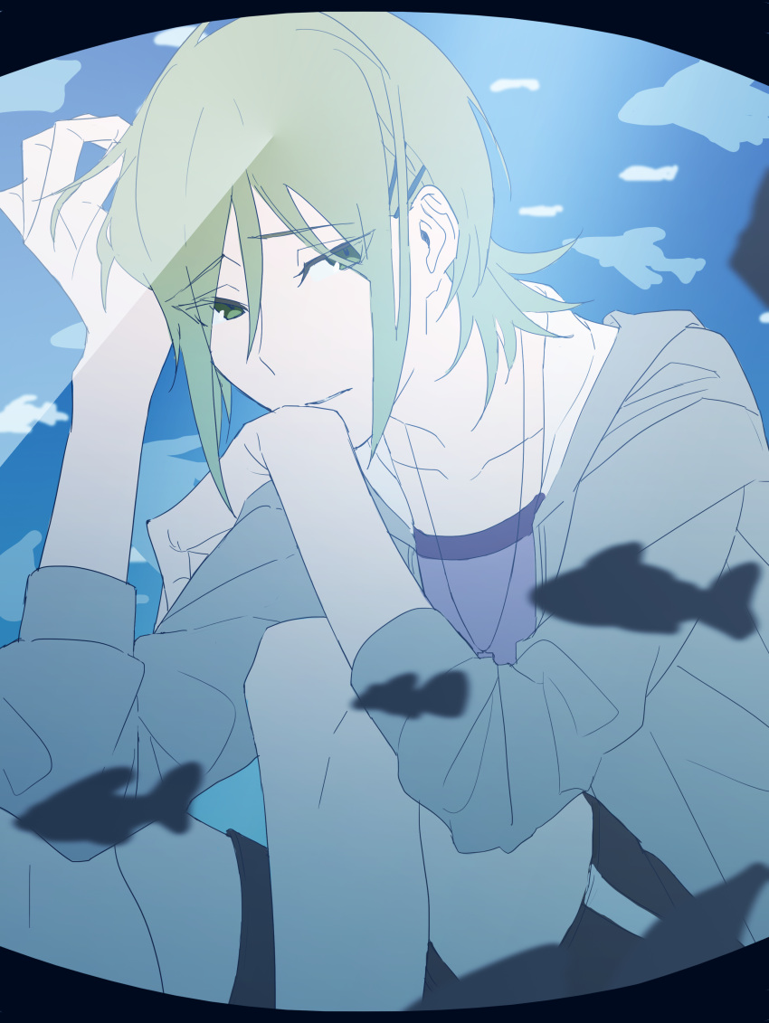 1boy, absurdres, black_shorts, brown_hair, fish, grey_jacket, hair_between_eyes, hair_ornament
