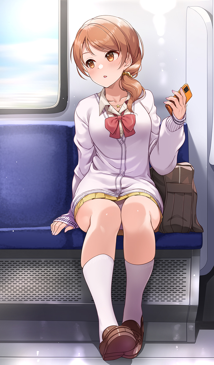 bag, bow, bowtie, breasts, brown_eyes, brown_footwear, brown_hair, cellphone