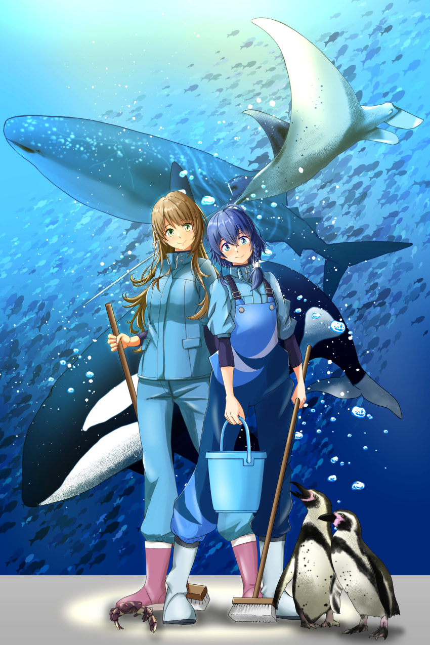 2girls, apron, aquarium, bird, blue_hair, blue_pants, blue_shirt, boots