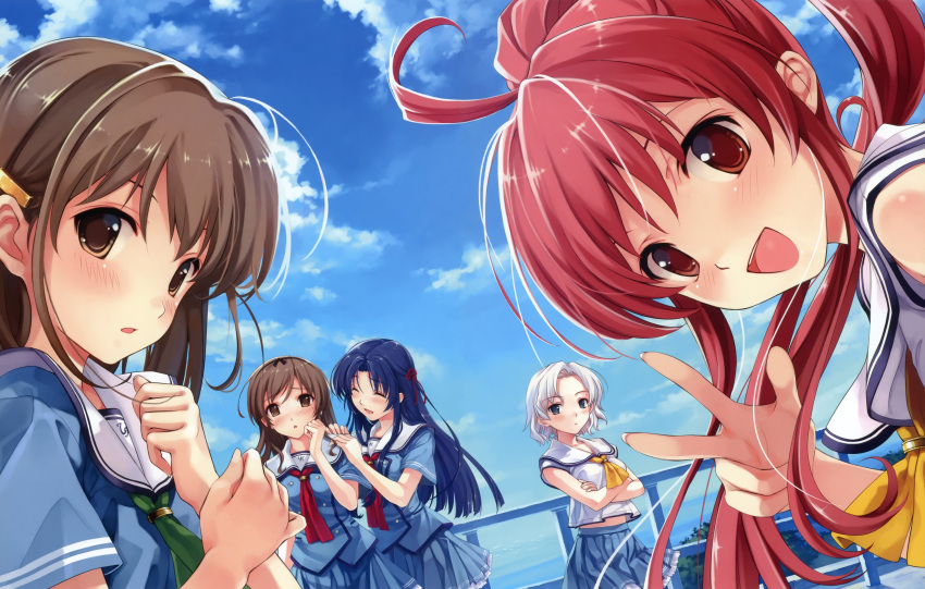 ^_^, absurdres, ahoge, blue_hair, blush, brown_eyes, brown_hair, closed_eyes