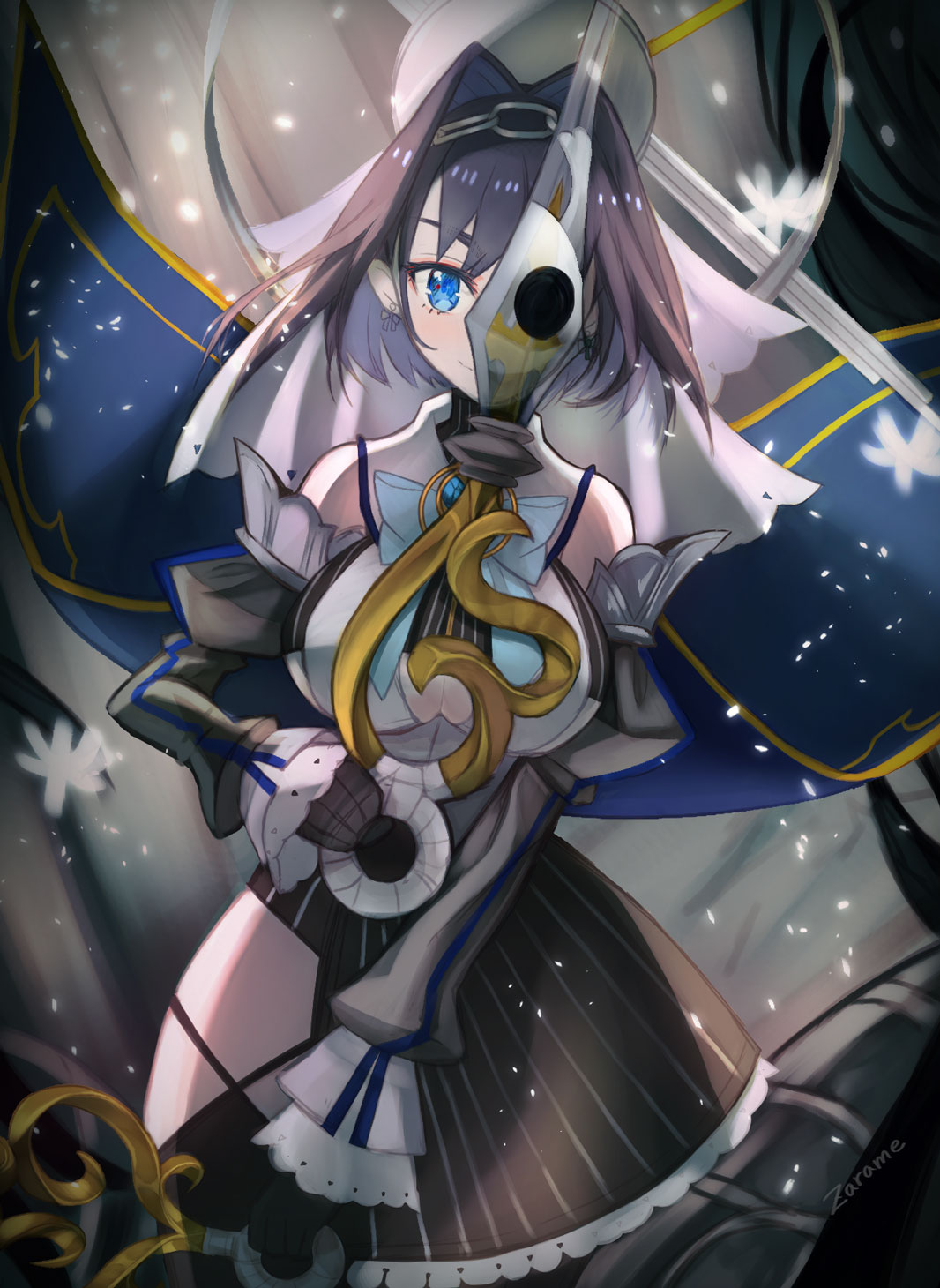 1girl, asymmetrical_clothes, black_gloves, black_legwear, blue_cape, blue_hair, blue_ribbon, breasts