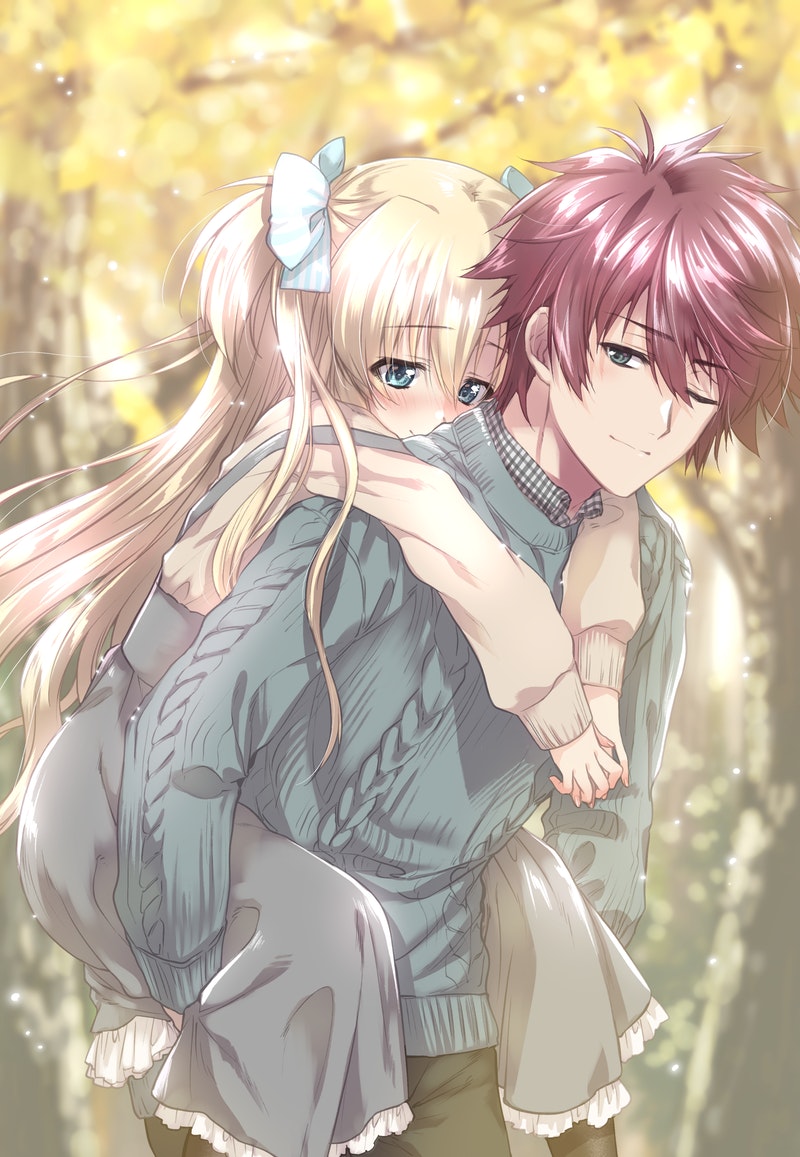 1boy, 1girl, autumn, blonde_hair, blue_eyes, blush, carrying, hair_ribbon