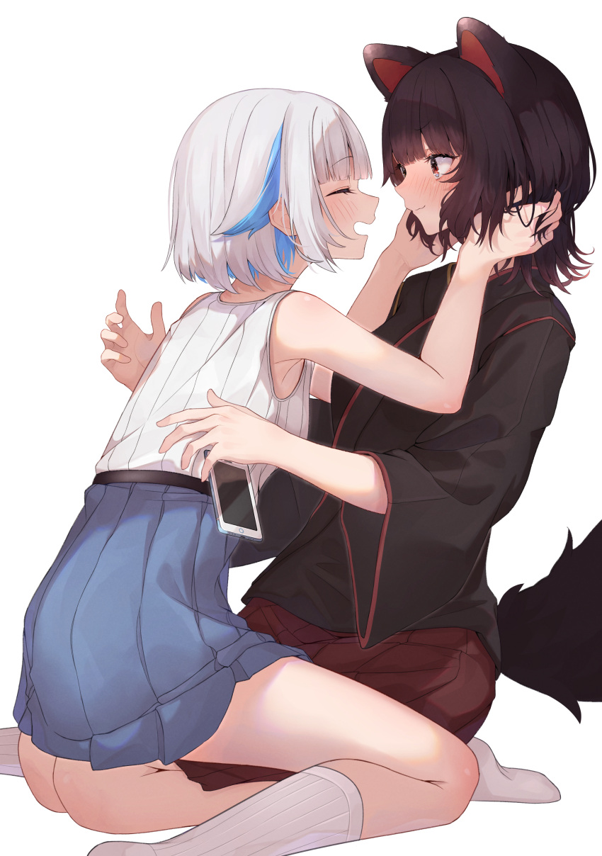 2girls, absurdres, animal_ears, bangs, black_kimono, blue_hair, blue_skirt, blush