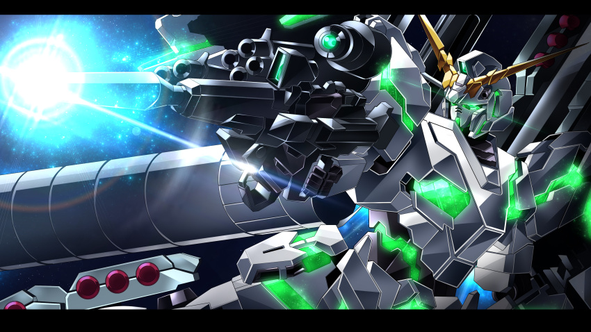 absurdres, aiming, commission, full_armor_unicorn_gundam, glowing, glowing_eye, green_eyes, gun
