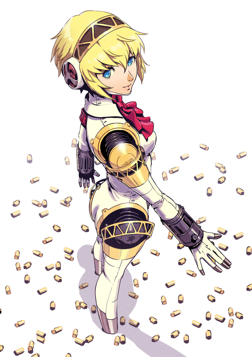 1girl, aegis_(persona), android, armband, ass, bangs, blonde_hair, blue_eyes