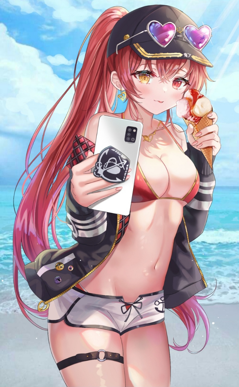 1girl, :p, anchor_print, arme_(cgsy7484), badge, bangs, bare_shoulders, baseball_cap
