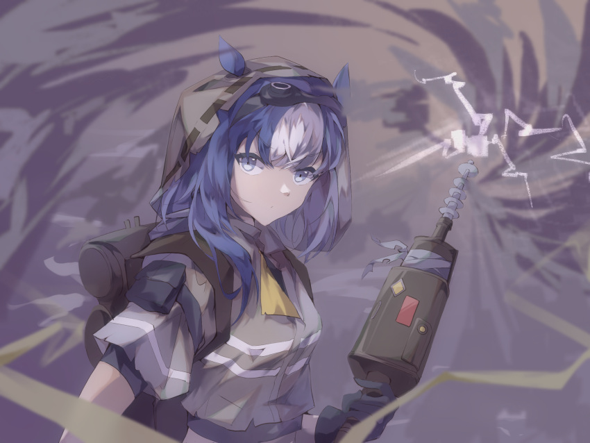 1girl, animal_ears, arknights, backpack, bag, black_gloves, blue_eyes, blue_hair