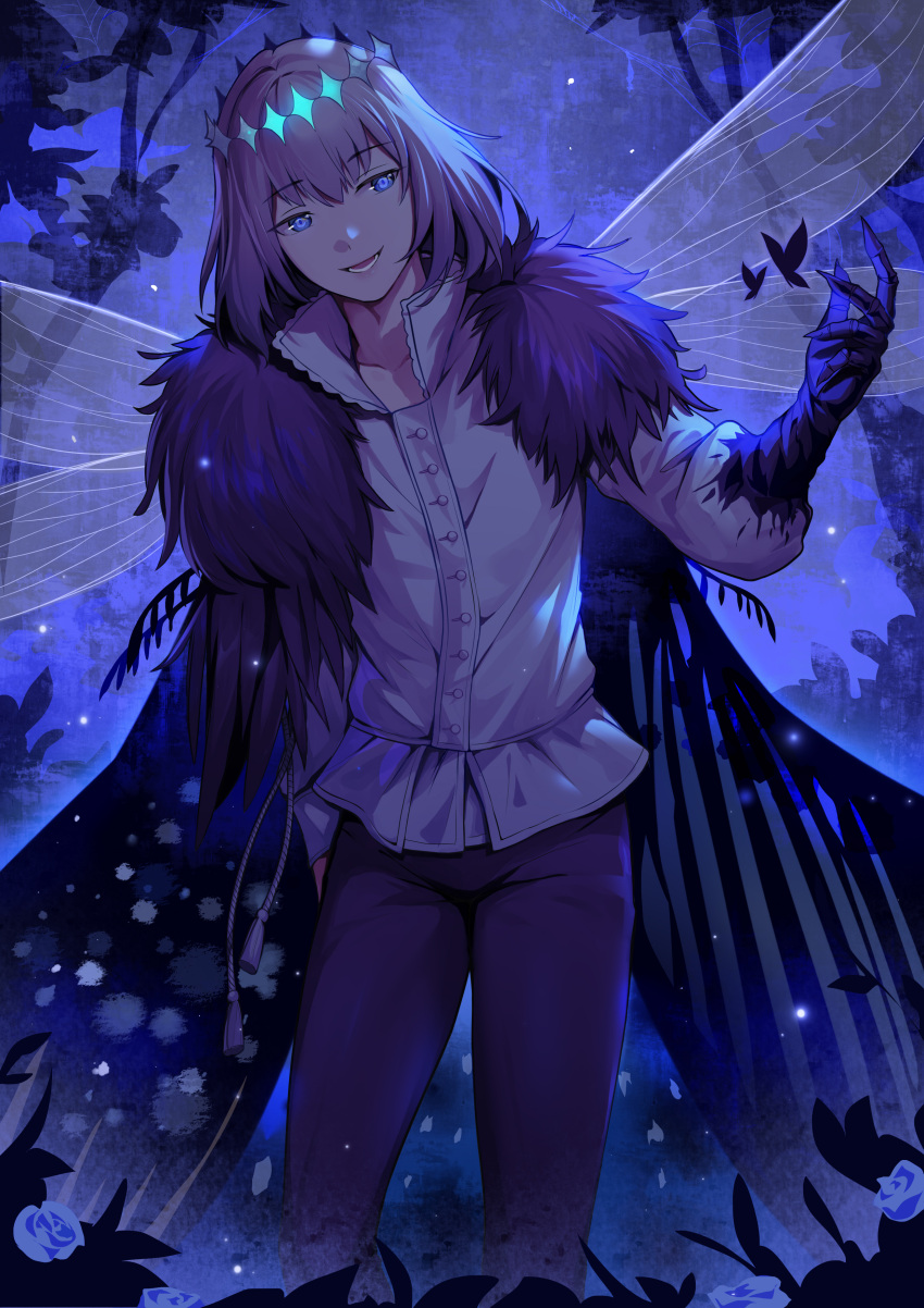 1boy, 2r-_(pixiv8168114), :d, absurdres, arm_behind_back, black_pants, branch, bug
