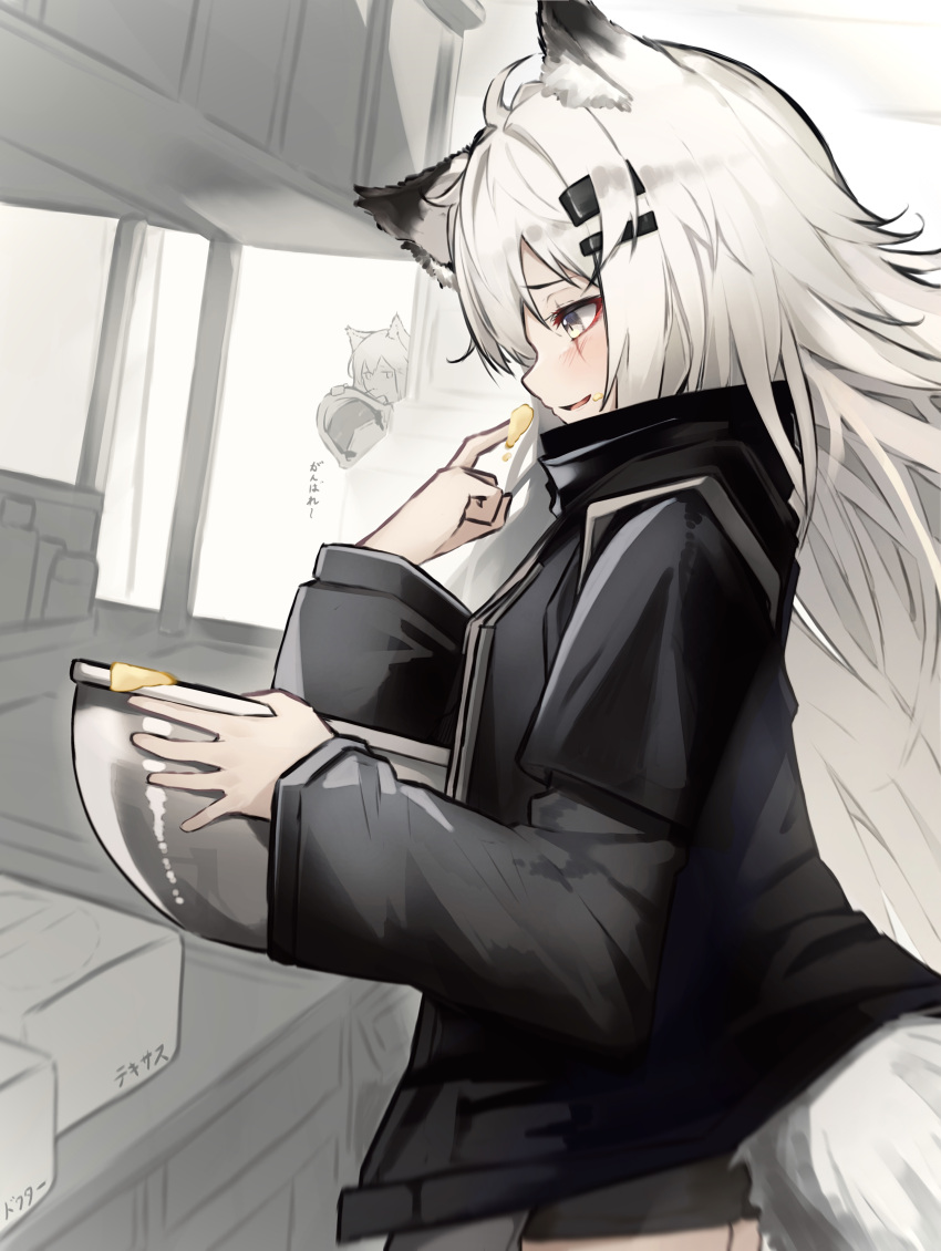 1girl, absurdres, ahoge, animal_ears, arknights, black_jacket, black_shorts, bowl