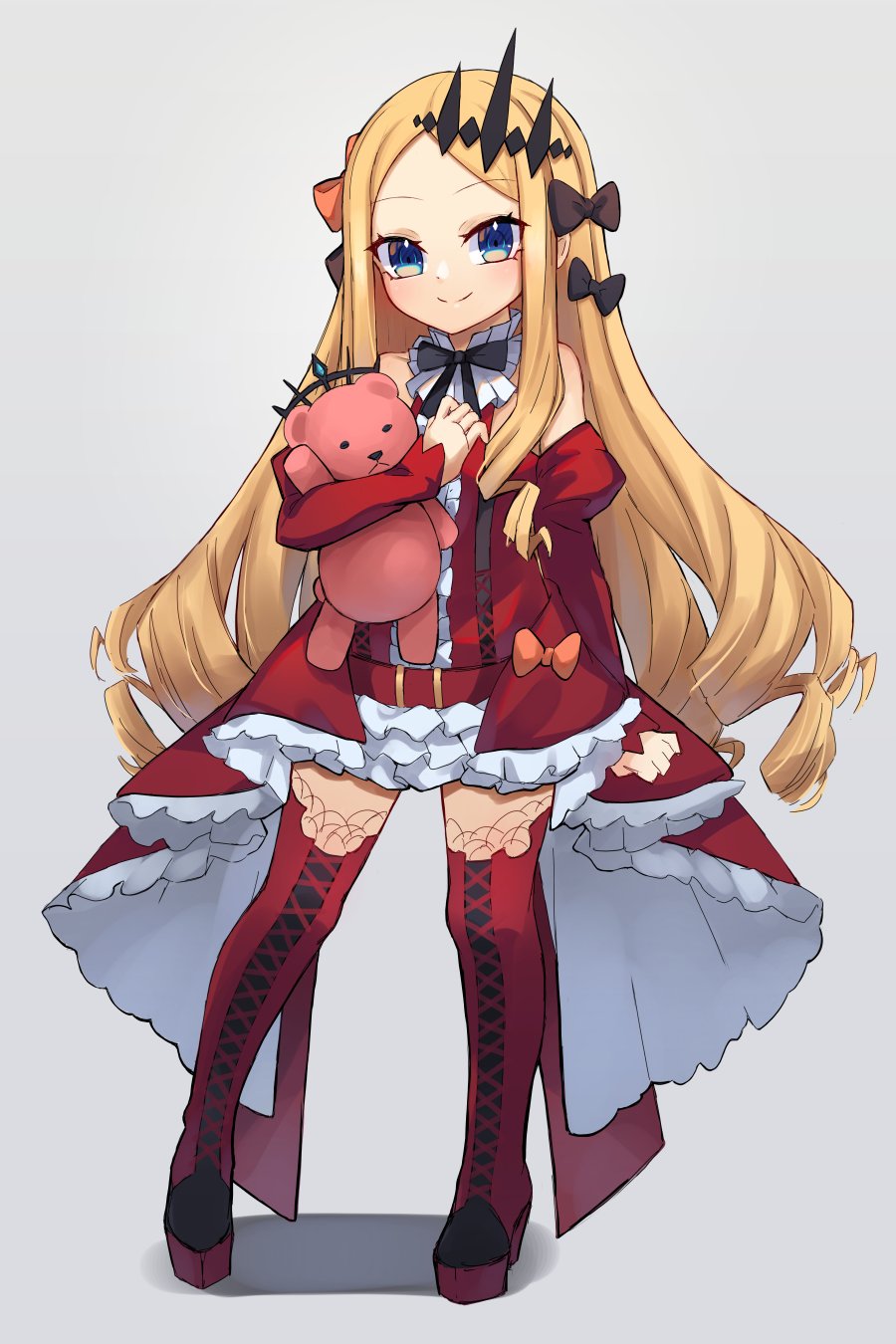 1girl, abigail_williams_(fate), bangs, bare_shoulders, blonde_hair, blue_eyes, blush, boots, breasts, center_frills, cosplay, detached_collar, detached_sleeves, dress, fairy_knight_tristan_(fate), fairy_knight_tristan_(fate)_(cosplay), fate/grand_order, fate_(series), forehead, frills, full_body, highres, long_hair, looking_at_viewer, miya_(miyaruta), parted_bangs, red_dress, red_footwear, small_breasts, smile, stuffed_animal, stuffed_toy, teddy_bear, thigh-highs, thigh_boots, tiara