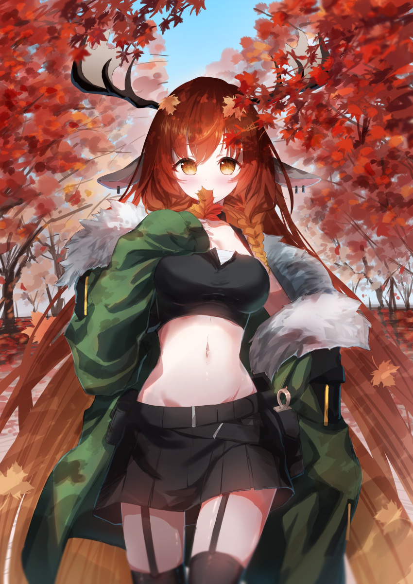 1girl, absurdres, animal_ears, antlers, autumn, autumn_leaves, black_skirt, braid
