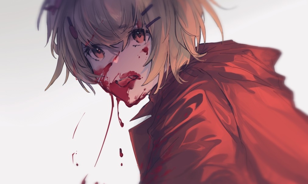 1girl, arknights, blonde_hair, blood, blood_drip, blood_on_face, blood_splatter, blurry