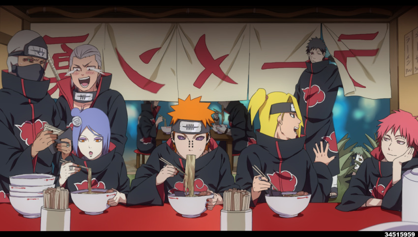 1girl, 6+boys, :d, akasuna_no_hedoro, akatsuki_(naruto), akatsuki_uniform, angry, bangs, black_hair, blonde_hair, blue_eyes, bowl, chair, chopsticks, closed_mouth, crying, crying_with_eyes_open, eating, food, forehead_protector, green_eyes, hidan_(naruto), holding, holding_bowl, holding_chopsticks, hoshigaki_kisame, kakuzu_(naruto), konan_(naruto), laughing, long_sleeves, mask, money, mouth_mask, multiple_boys, naruto, naruto_(series), ninja, ninja_mask, noodles, open_mouth, orange_eyes, orange_hair, pain_(naruto), purple_hair, ramen, red_eyes, redhead, rinnegan, sasori_(naruto), scythe, silver_hair, sitting, smile, table, tears, teeth, uchiha_itachi, uchiha_obito, violet_eyes, weapon, weapon_on_back, zetsu_(naruto)