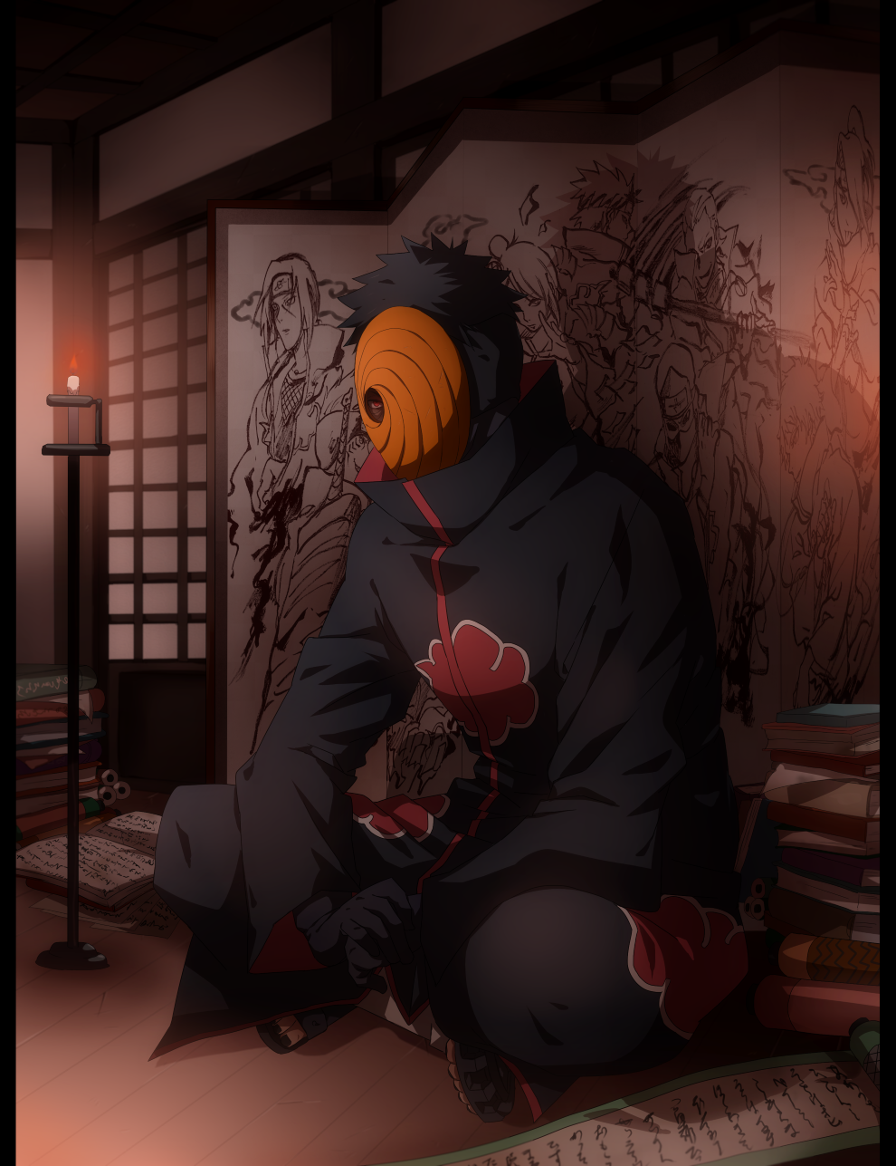 1boy, akasuna_no_hedoro, akatsuki_(naruto), akatsuki_uniform, black_gloves, black_hair, black_pants, candle, candlestand, deidara_(naruto), drawing, full_body, gloves, hidan_(naruto), highres, hoshigaki_kisame, indian_style, indoors, kakuzu_(naruto), konan_(naruto), long_sleeves, mask, naruto, naruto_(series), ninja, on_floor, pain_(naruto), pants, red_eyes, sandals, sasori_(naruto), sharingan, short_hair, sitting, solo, tobi_(naruto), uchiha_itachi
