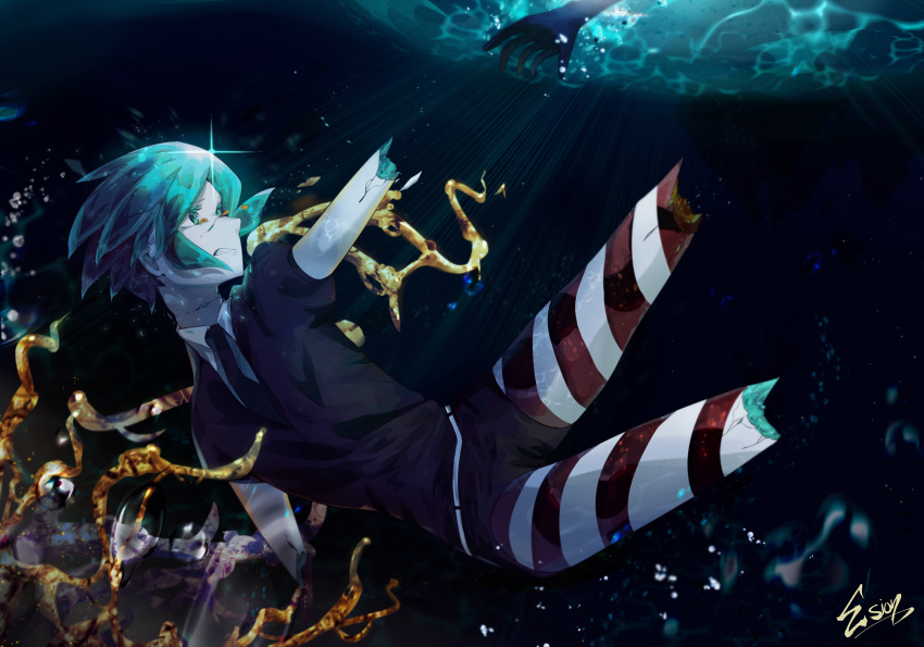 1other, absurdres, air_bubble, amputee, androgynous, bangs, belt, bubble, clenched_teeth, collared_shirt, commentary, cracked_skin, english_commentary, esion, gem_uniform_(houseki_no_kuni), green_eyes, green_hair, highres, houseki_no_kuni, light_particles, necktie, open_mouth, phosphophyllite, quadruple_amputee, shirt, short_hair, short_sleeves, shorts, solo, sparkle, submerged, teeth, underwater