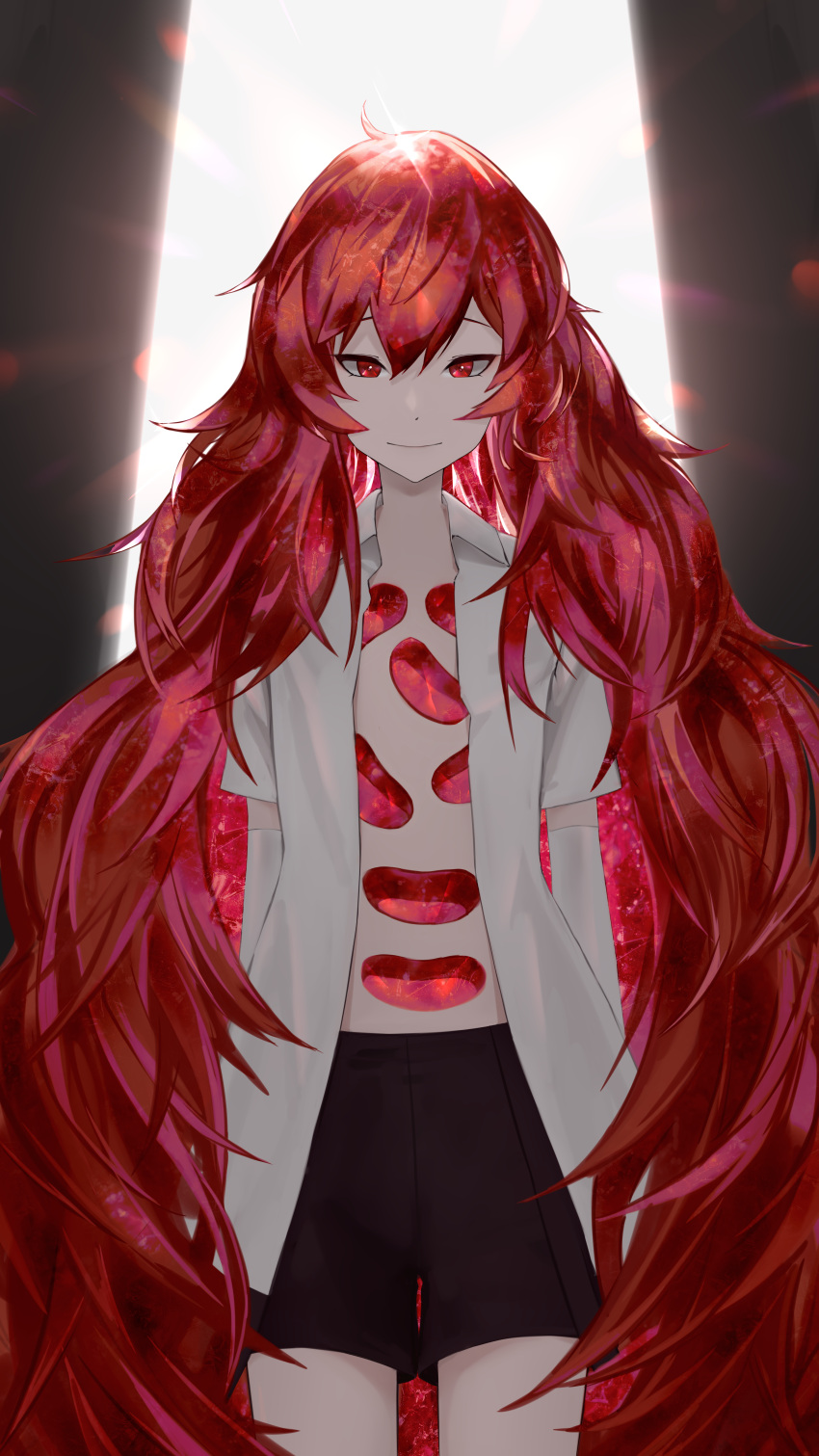 1other, absurdres, androgynous, closed_mouth, collared_shirt, commentary, crystal_hair, english_commentary