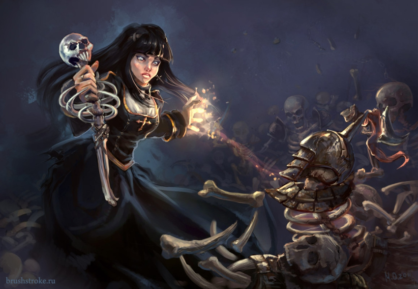 1girl, armor, bangs, black_dress, black_hair, breasts, closed_mouth, commentary