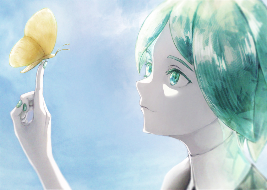 1other, androgynous, bug, butterfly, butterfly_on_finger, closed_mouth, commentary_request, crystal_hair