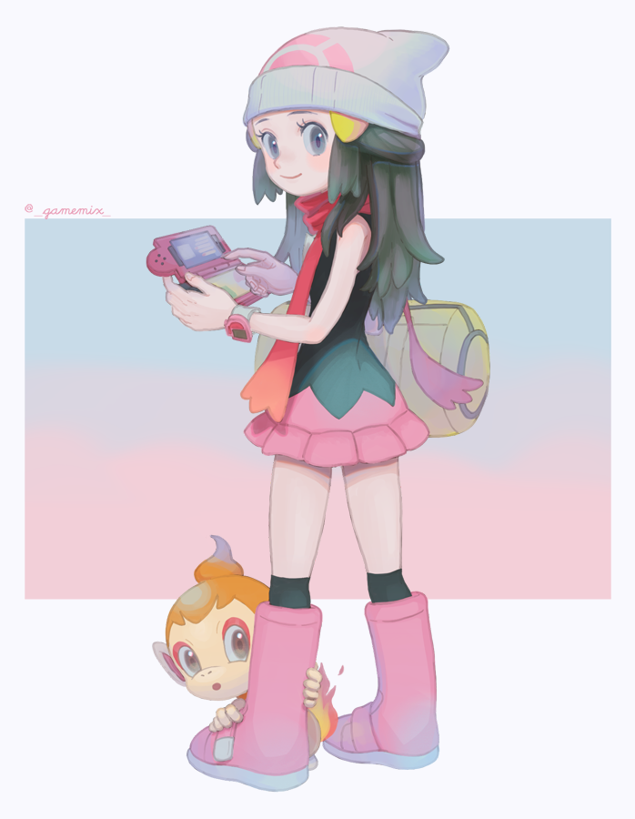 1girl, bag, beanie, black_legwear, black_shirt, boots, chimchar, hikari_(pokemon), duffel_bag, fire, flame, hair_ornament, hairclip, hat, holding, long_hair, looking_at_viewer, looking_back, memi_(gamemix), over-kneehighs, pink_footwear, pink_skirt, pokemon, pokemon_(creature), pokemon_(game), pokemon_dppt, red_scarf, scarf, shirt, skirt, sleeveless, sleeveless_shirt, standing, thigh-highs, twitter_username, white_headwear, yellow_bag