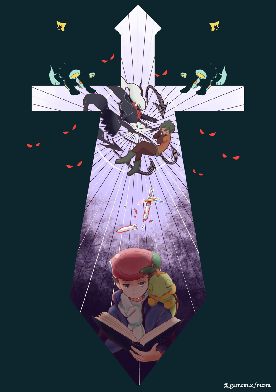 2boys, ace_trainer_(pokemon), book, brown_hair, closed_mouth, commentary_request, darkrai, hat, highres, holding, holding_book, jacket, long_sleeves, lucas_(pokemon), luxray, male_focus, memi_(gamemix), multiple_boys, mythical_pokemon, pokemon, pokemon_(creature), pokemon_(game), pokemon_dppt, pokemon_platinum, red_headwear, scarf, short_hair, sword, turtwig, twitter_username, weapon, white_scarf