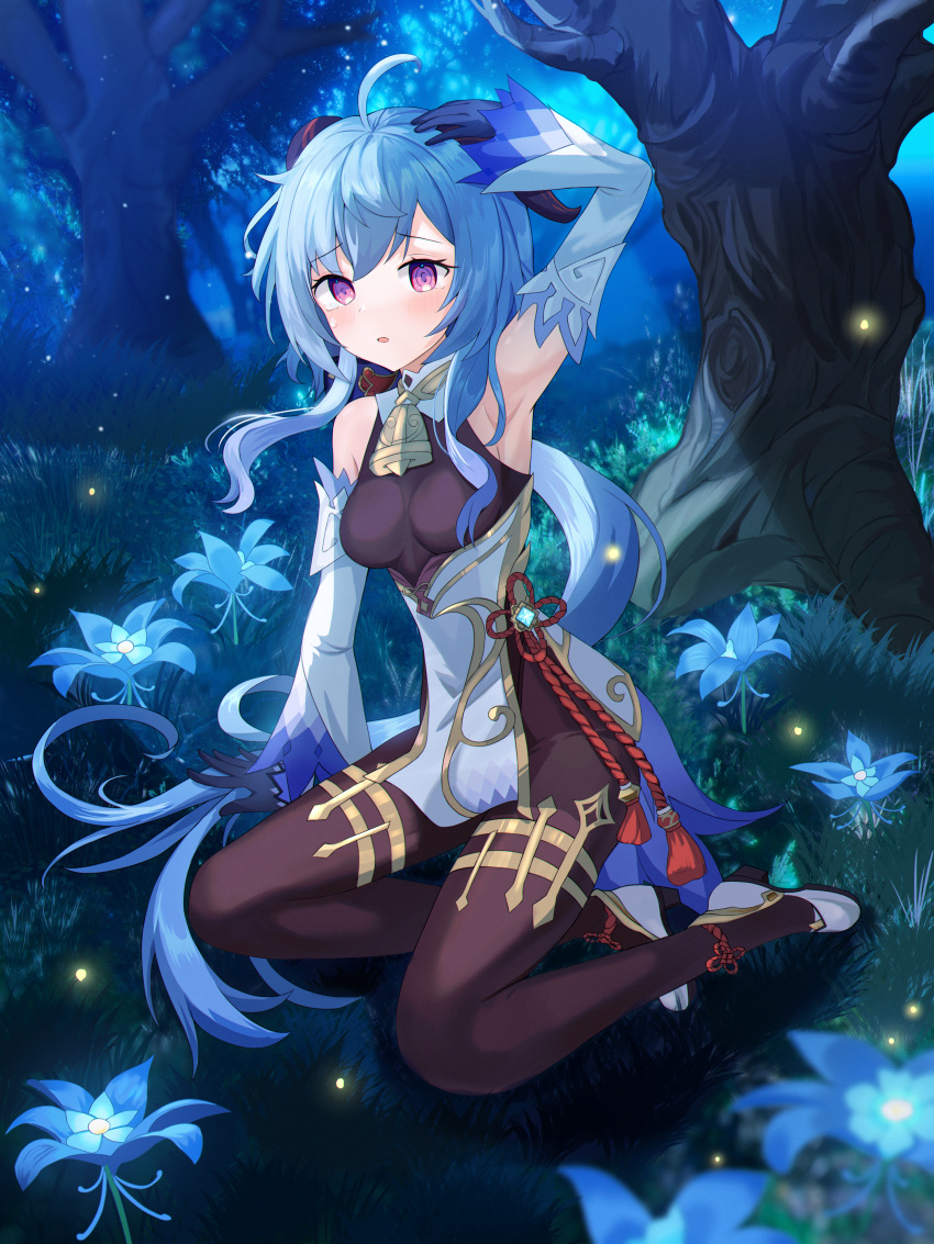 1girl, absurdres, ahoge, bangs, bare_shoulders, bell, black_gloves, black_legwear