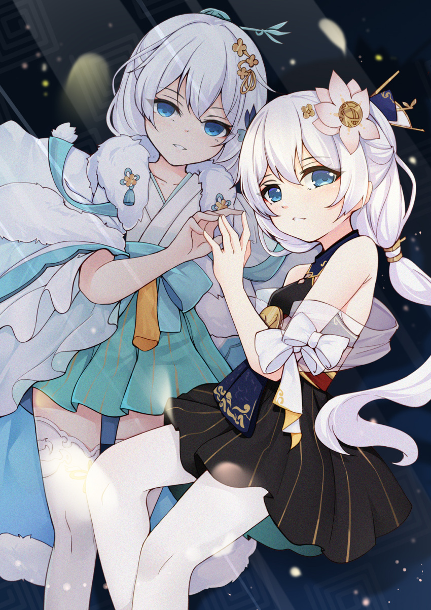 2girls, bangs, bare_shoulders, blue_eyes, china_dress, chinese_clothes, dress, dual_persona