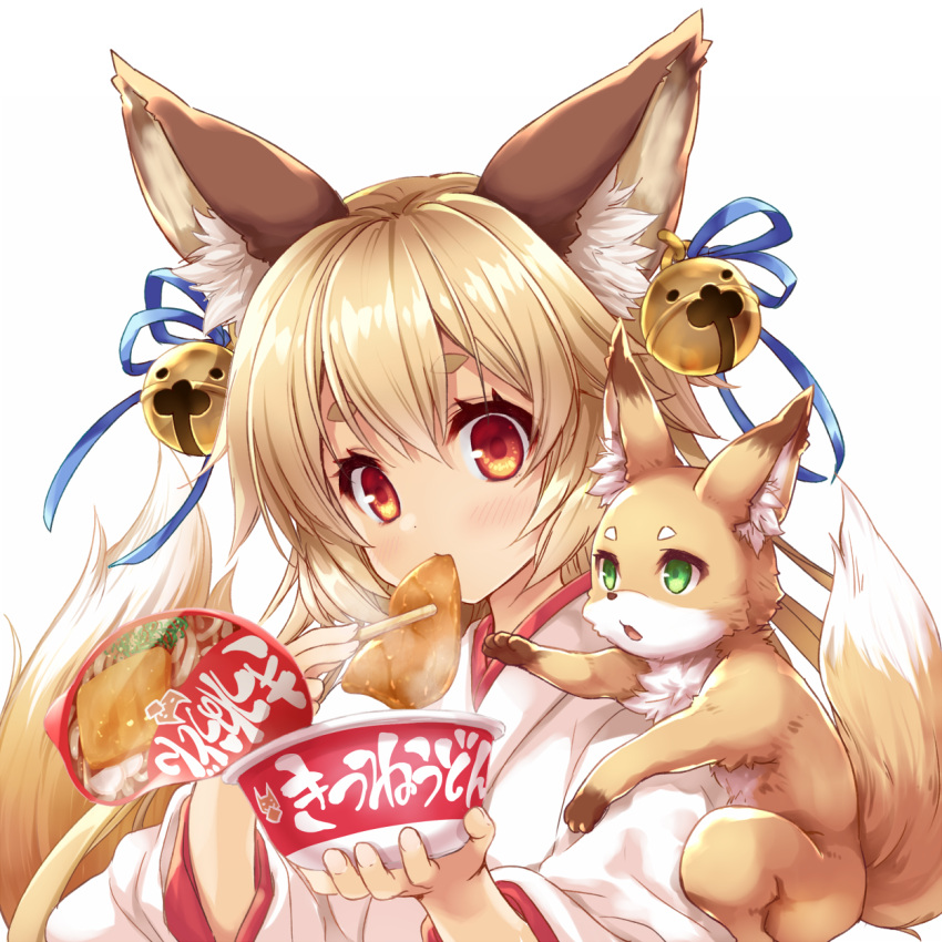 1girl, animal_ear_fluff, animal_ears, bell, blonde_hair, blush, chopsticks, commentary_request