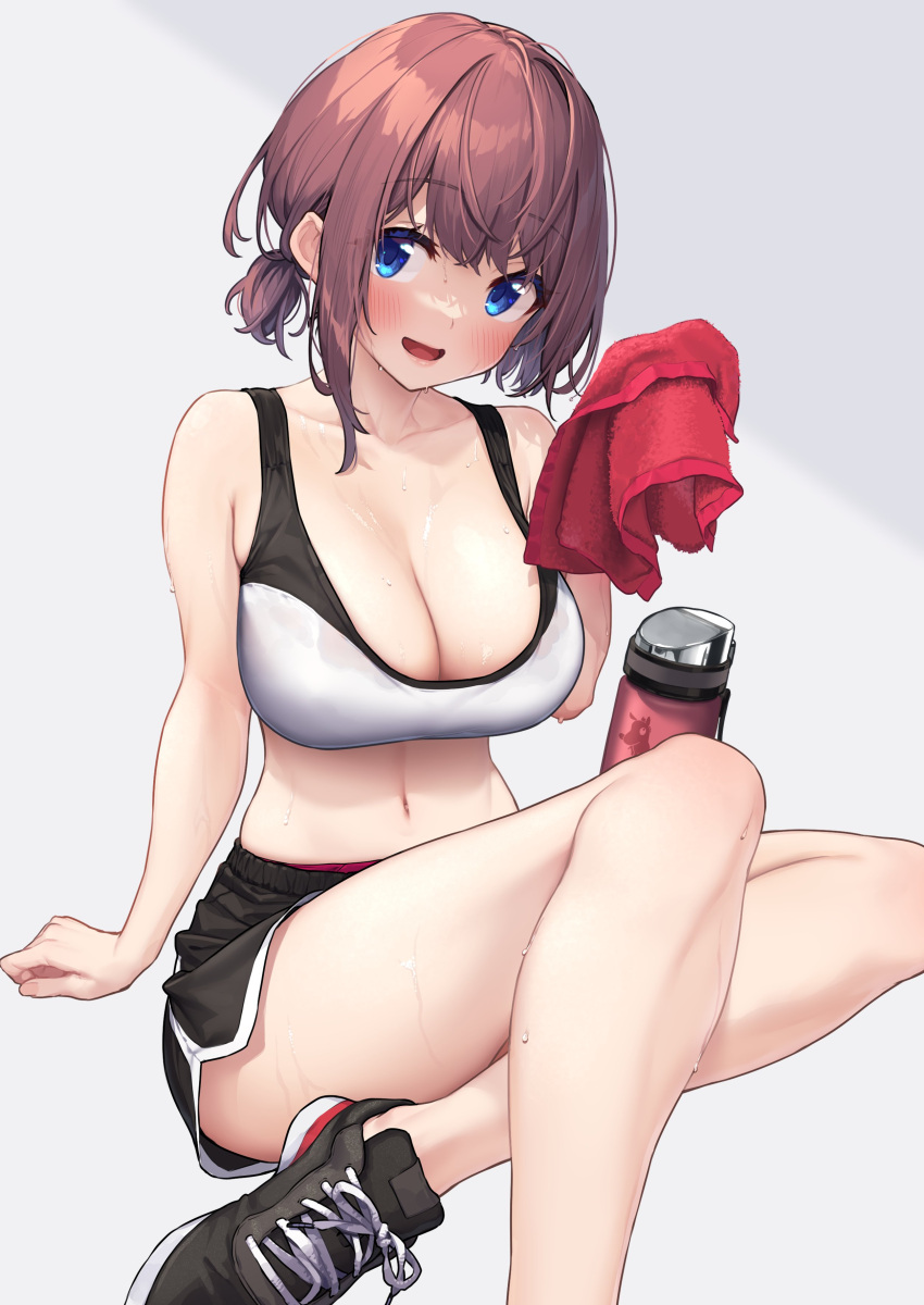 1girl, absurdres, baffu, bangs, bare_shoulders, blush, breasts, brown_hair