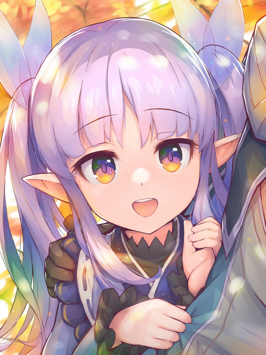 1girl, autumn, bangs, blue_kimono, brown_eyes, eyebrows_visible_through_hair, frilled_sleeves, frills