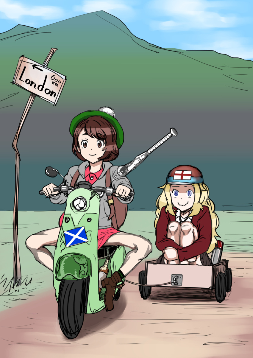 2girls, @_@, baseball_bat, beer_bottle, blonde_hair, bokky, brown_hair, english_flag