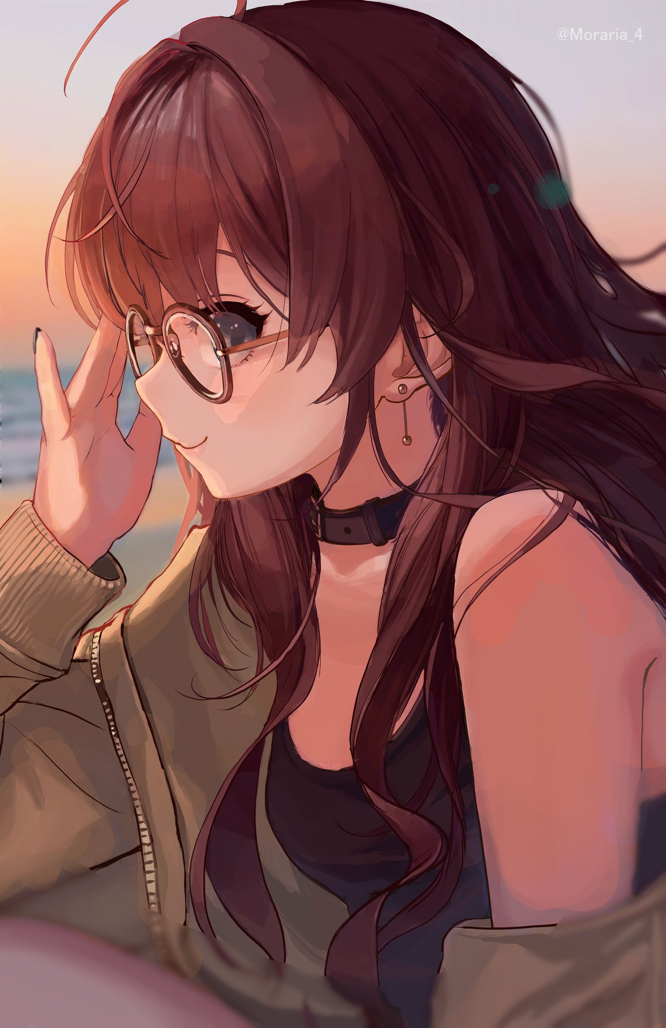1girl, :3, adjusting_eyewear, ahoge, bangs, bespectacled, black_tank_top, blurry