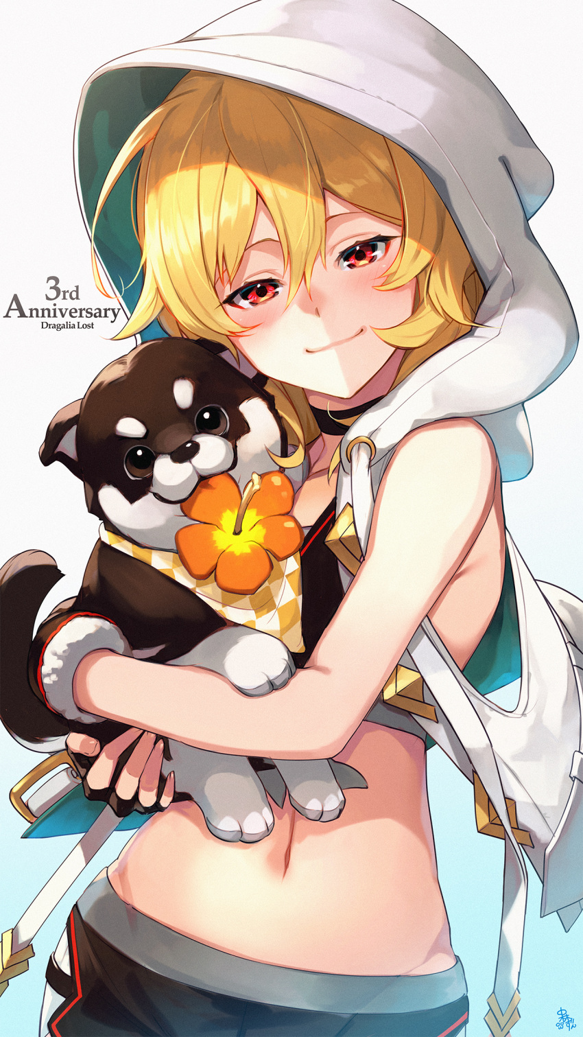 1girl, alex_(dragalia_lost), animal, anniversary, bangs, bare_arms, bare_shoulders, black_choker, black_gloves, blonde_hair, blush, choker, closed_mouth, copyright_name, cowboy_shot, dog, dragalia_lost, flower, gloves, gradient, gradient_background, hair_between_eyes, hibiscus, highres, holding, holding_animal, holding_dog, hood, hood_up, hooded_vest, hoodie, long_hair, looking_at_viewer, mouth_hold, nakabayashi_zun, navel, orange_flower, red_eyes, signature, sleeveless, smile, solo, vest, white_background, white_vest