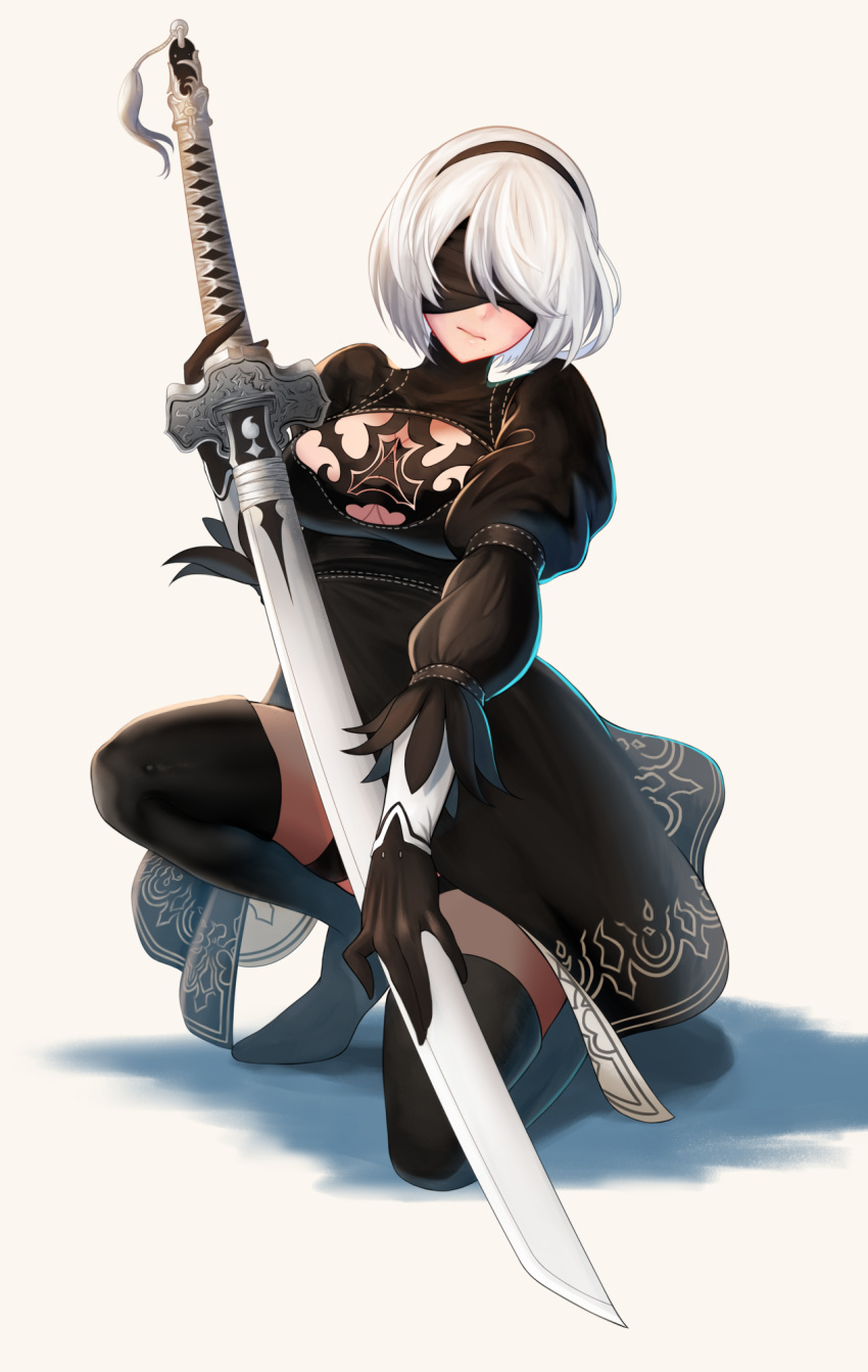 1girl, bikini, black_bikini, black_blindfold, black_hairband, blindfold, boots, breasts, capelet, commentary, covered_eyes, hairband, high_heel_boots, high_heels, highres, kangaruu_(momotk1109), katana, kneeling, large_breasts, lips, nier_(series), nier_automata, see-through, shadow, short_hair, silver_hair, solo, swimsuit, sword, thigh-highs, thigh_boots, weapon, yorha_no._2_type_b