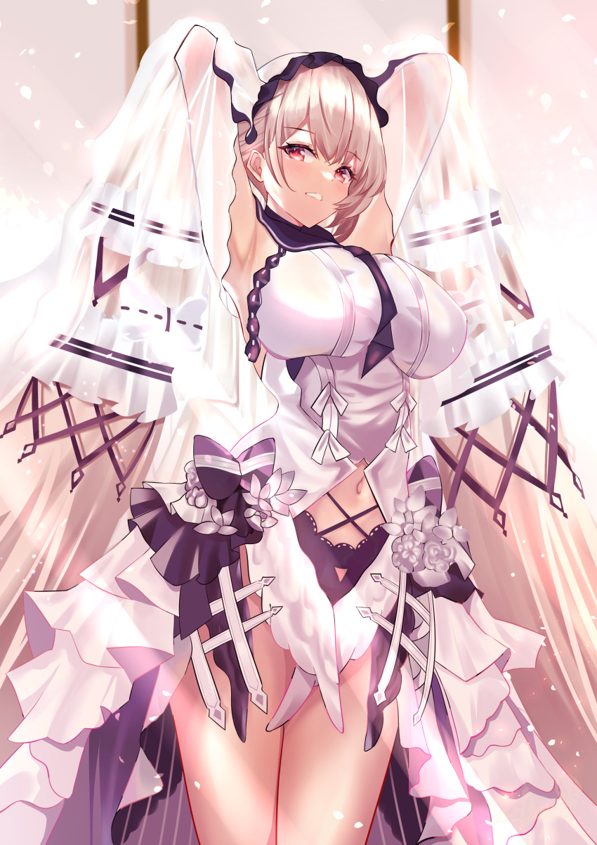 1girl, absurdly_long_hair, absurdres, armpits, arms_up, azur_lane, black_choker, black_neckwear