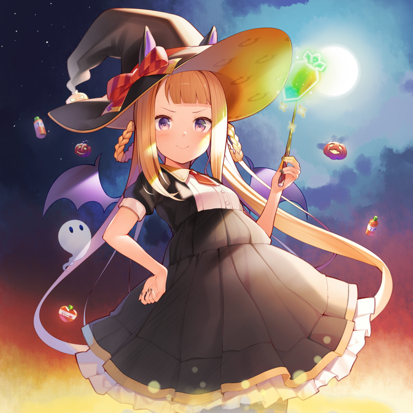 1girl, alternate_costume, brown_hair, candy, commentary, food, full_moon, hair_rings