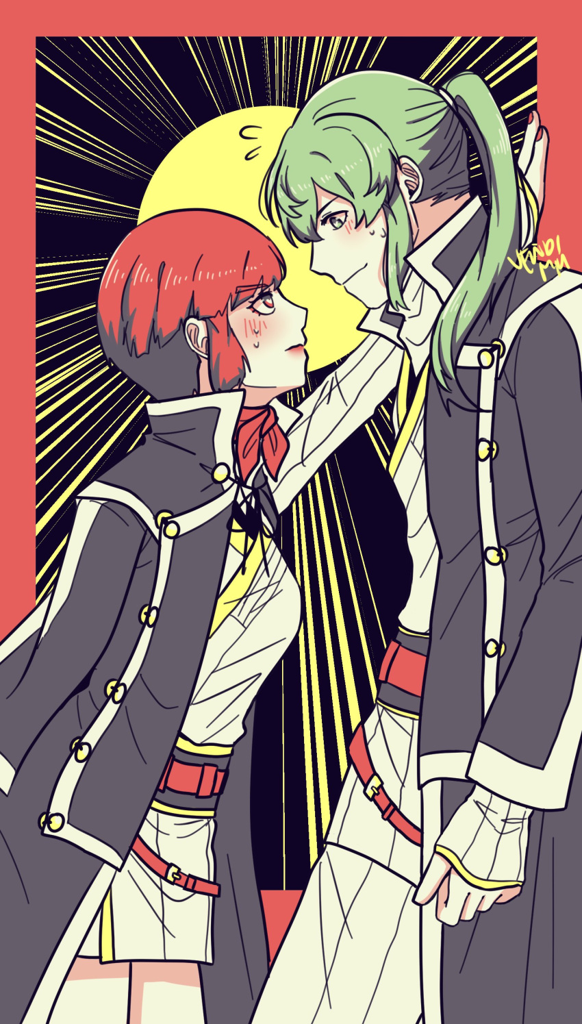 1boy, 1girl, absurdres, bangs, belt, black_hair, blunt_bangs, blush