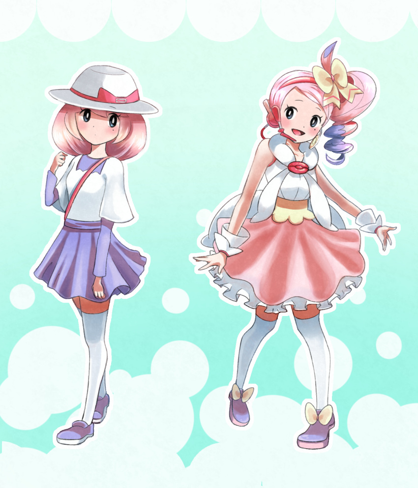 1girl, :d, bangs, blush, bow, bright_pupils, commentary_request, dress, eyelashes, hair_bow, hairband, hat, highres, long_hair, microphone, mole, mole_under_eye, multiple_views, open_mouth, pink_hair, pink_skirt, pokemon, pokemon_(game), pokemon_bw2, purple_dress, purple_footwear, shirt, shoes, side_ponytail, skirt, sleeveless, sleeveless_shirt, smile, standing, thigh-highs, tongue, uin6uad, white_headwear, white_legwear, white_pupils, white_shirt, wrist_cuffs, yancy_(pokemon), yellow_bow