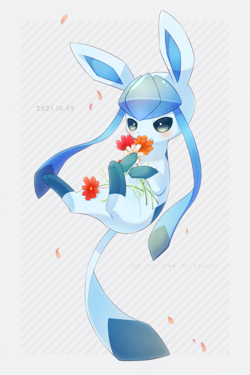 alopias, blush, commentary_request, dated, flower, glaceon, green_eyes, holding